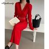 Korean Style Autumn Winter Women Warm Sweater Dress V Neck Beige Black Red Knitting Dress Knitted Office Lady Dress With Belt