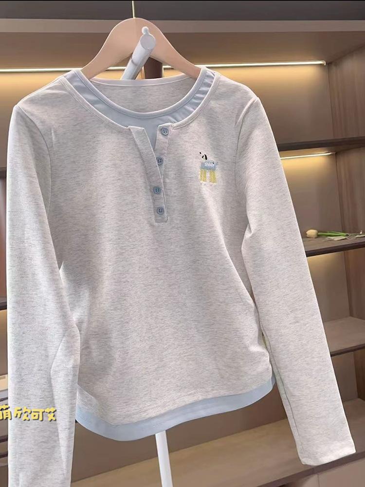 Girls Faux Two Piece Long Sleeve T Shirt Spring Autumn Casual Round Neck Top For Big Kids Students