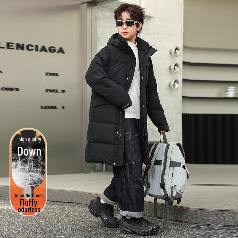 

2025 Детская Толстая Зимняя Куртка Пуховик Выше Колена для Мальчиков и Девочек 165 cm чёрный