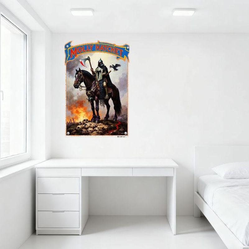 Molly Hatchet Knight On Horseback Metal Tin Sign, Dark Fantasy Rock Album Art Wall Decor, Medieval Battle Scene with Skull Fire