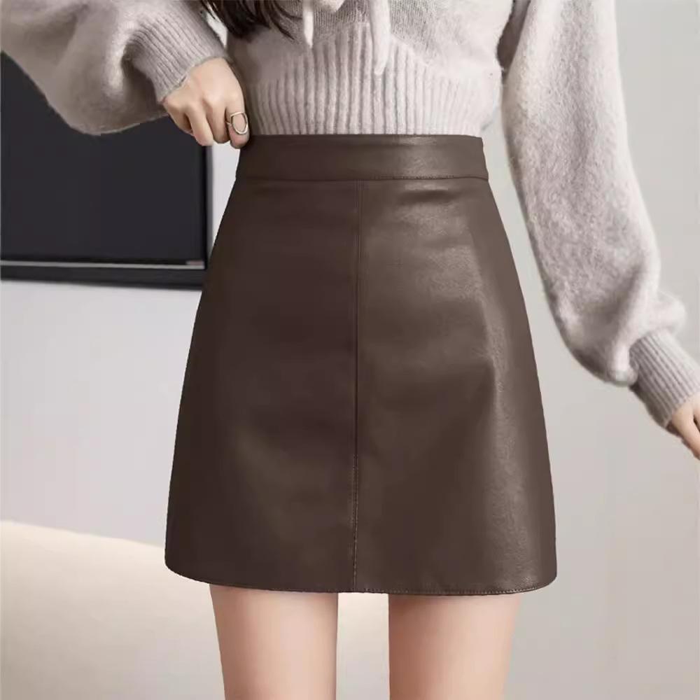 Fustă A-line din piele PU cu talie înaltă pentru femei, Colecția Toamnă/Iarnă 2024 - Croială Slim, Fustă Scurtă Versatilă