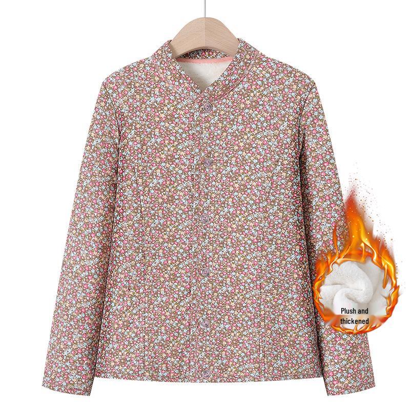 Grandma's Winter Floral Cotton Jacket with Velvet Lining - Warm, Thickened, Small Size for Elderly Women