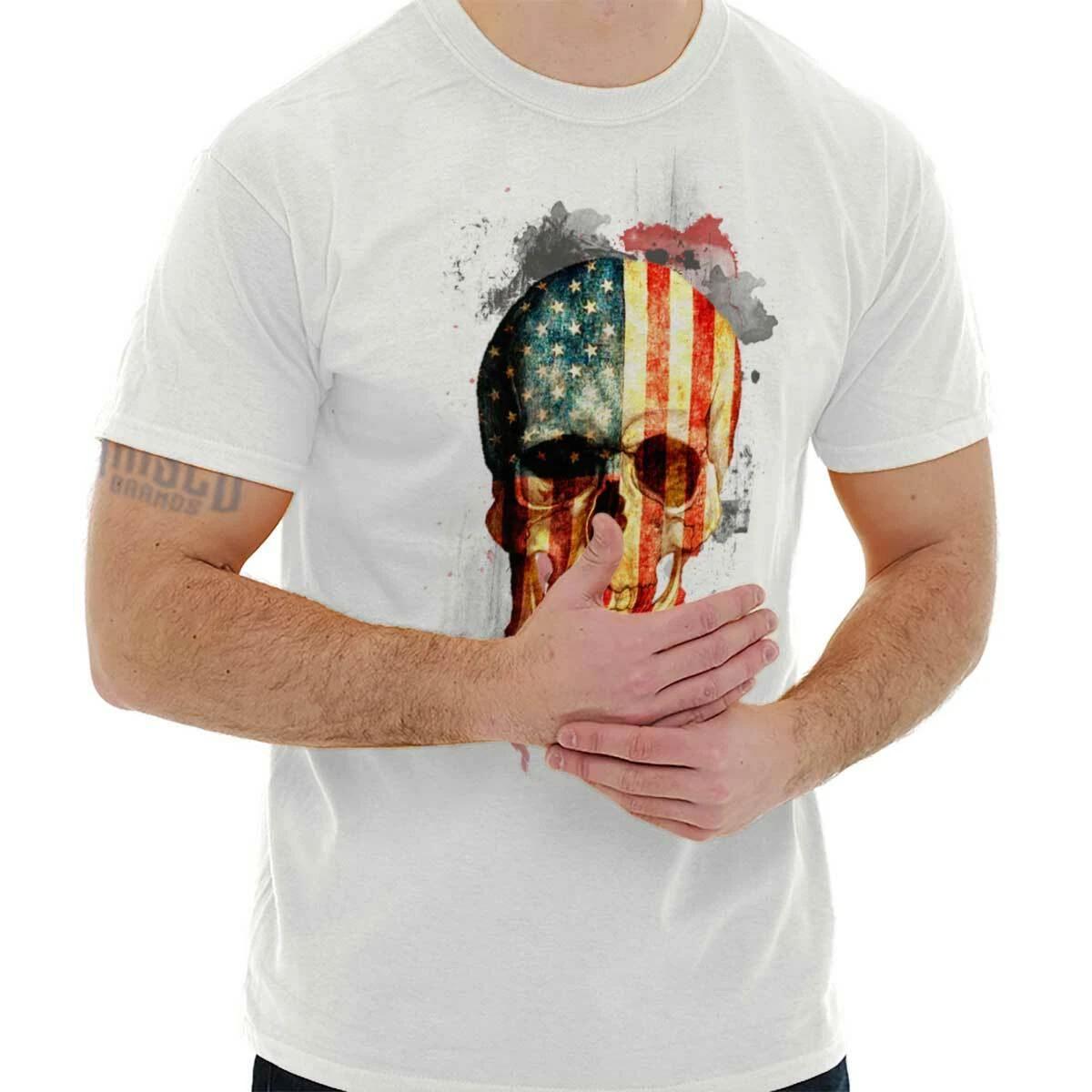 American Flag 3d Skull USA Flag Patriotic Womens or Mens Crewneck T Shirt Tee L