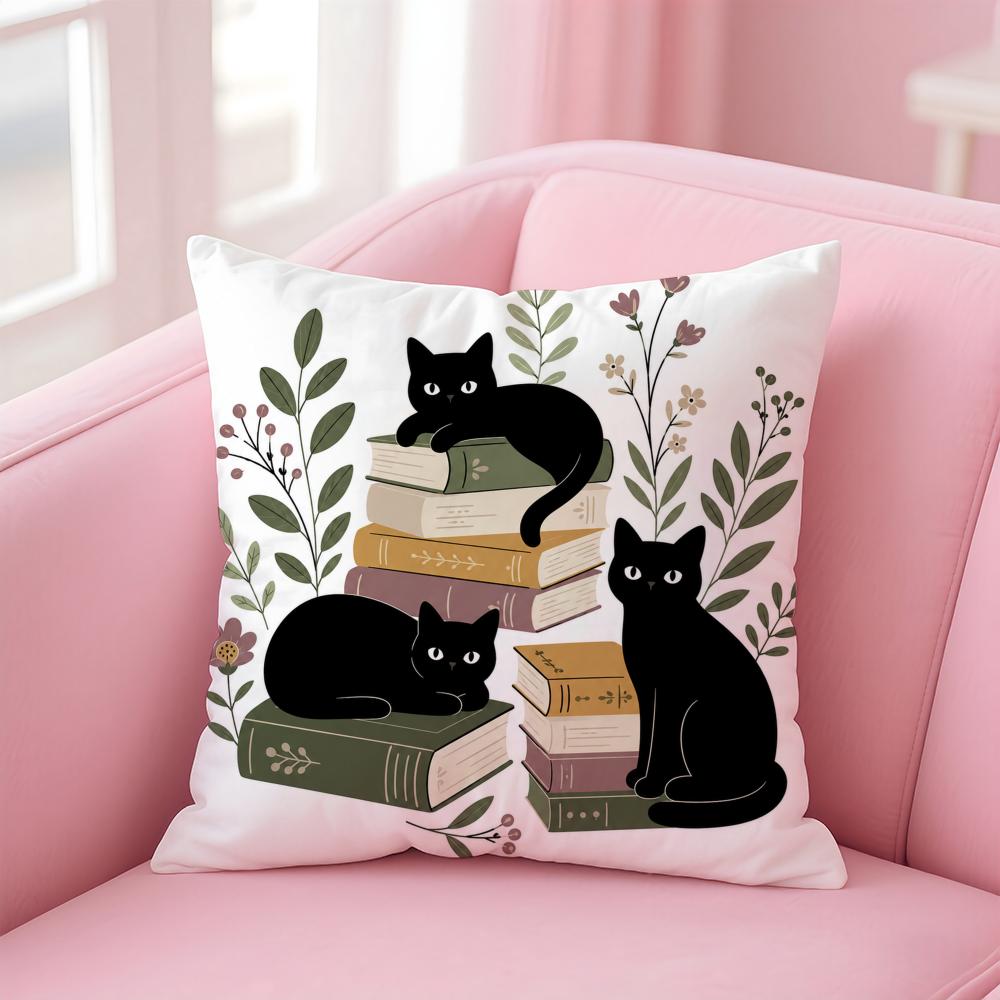 Black Cats With Books Cushion Cover Short Plush Soft DoubleSided Printing Pillow Case Cozy Sofa Bedroom Home Decor Gift