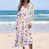 Women's Casual Fashion Floral Print V-neck Long Sleeve Waist Long Dress