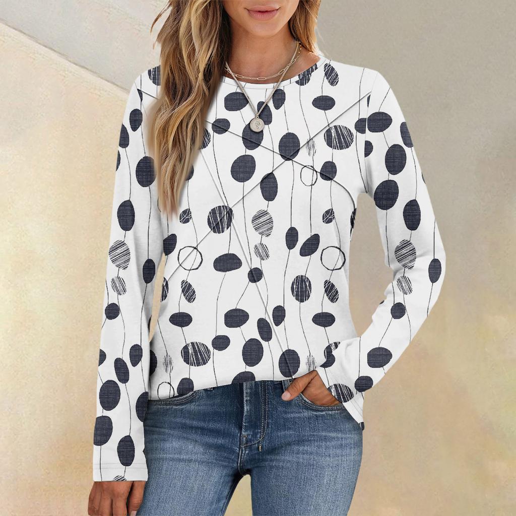 Fashion Women's Long Sleeve Round Neck Casual Pleated Retro Geometric Print Loose Top