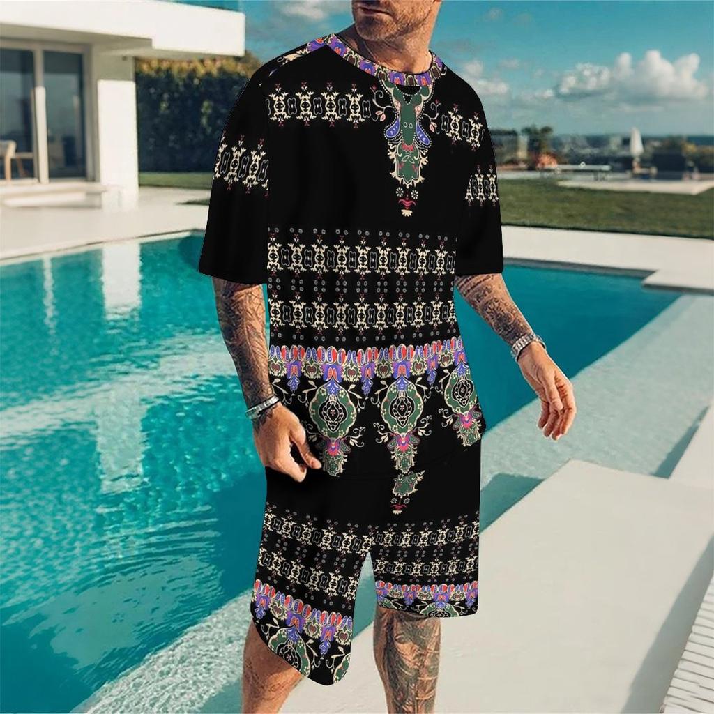 Men Diagonal Orange Yellow Stripe Split Print Short Sleeve Tee And Matching Shorts Two Piece Outfit