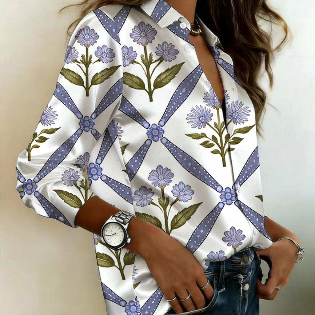 Elegant purple floral grid print long-sleeved shirt. Women's casual collar buttoned shirt, elegant and classic for daily wear.