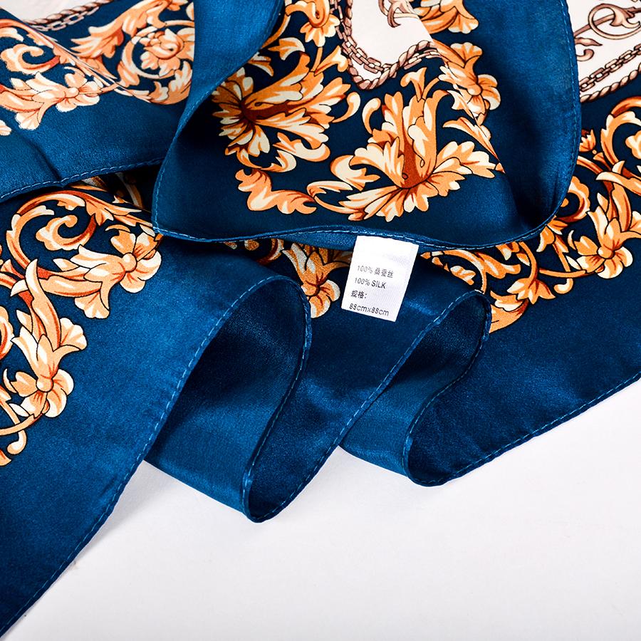 BYSIFA|New Fashion Ladies' Scarves Luxury Blue Gold 100% Silk Scarf Hijab 90*90cm All Match Fall Winter Female Square Scarf Cape