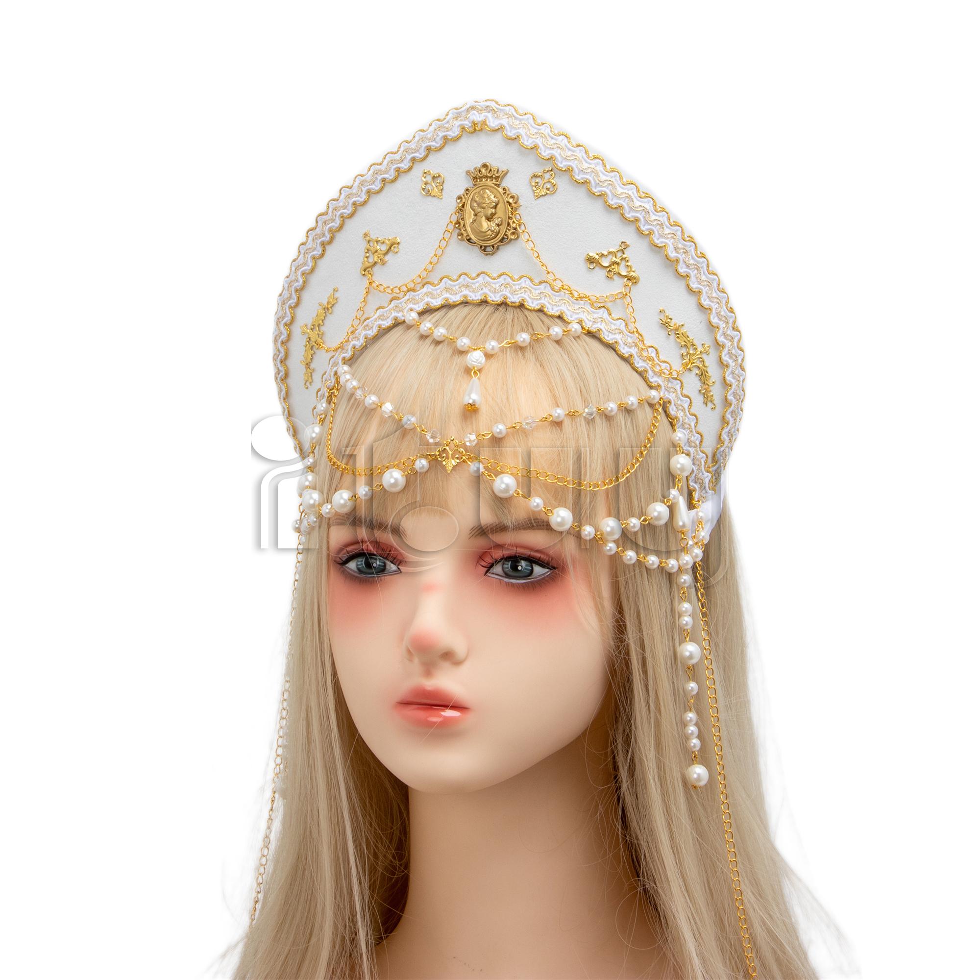 

Lolita Girl Gothic Beads Chain Tudor Crown Hood Coronet Headpiece Elizabethan Renaissance Goddess Royal French Tiara Headband