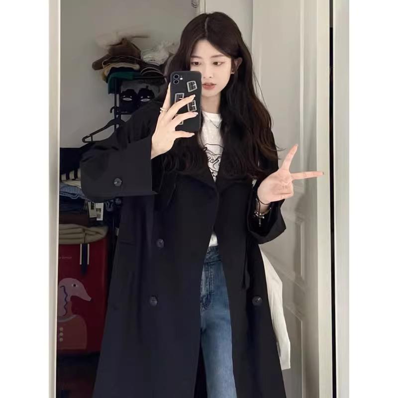 Women's Black Trench Coat: 2024 New Petite Mid-Length British Style for Autumn and Winter