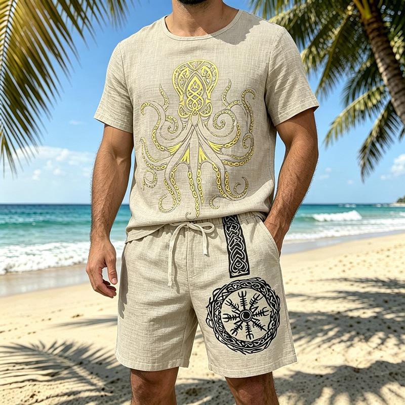 Men Viking Faith Octopus Print Loose Short Sleeve T Shirt And Shorts Two Piece Set
