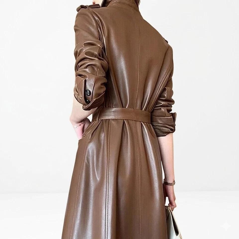 Handmade Genuine Party Wear Fit Brown Women's Casual Lambskin Leather Trench Coat