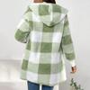 Winter Sweater Coat Plaid Print Hooded Thick Windproof Open Stitch Cardigan Outerwear Mid Length Fuzzy Plush Jacket for School Travel
