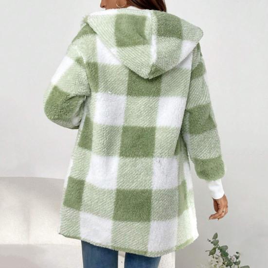 Winter Sweater Coat Plaid Print Hooded Thick Windproof Open Stitch Cardigan Outerwear Mid Length Fuzzy Plush Jacket for School Travel