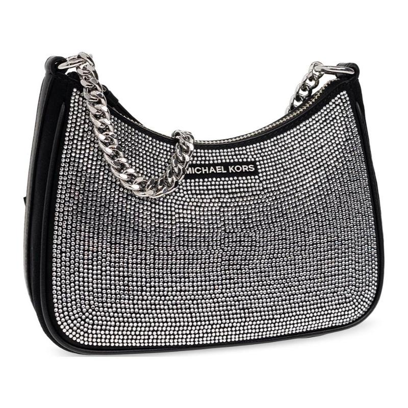 MICHAEL KORS Rhinestone embellished logo zipper closure, calfskin, shoulder handbag, women's black