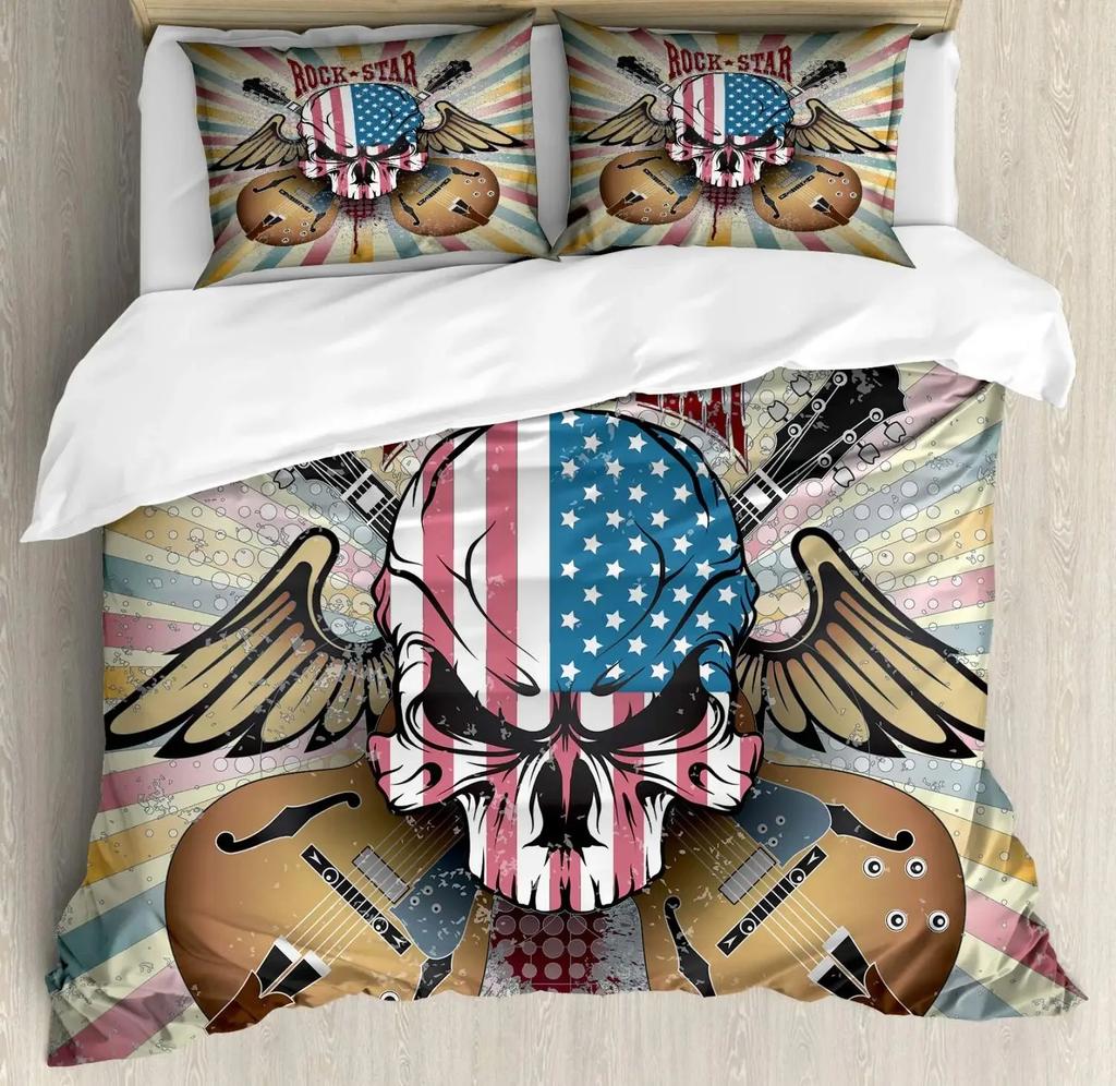Gitarren Bettbezug Set, E-Gitarre im brennenden Hardrock Musikalische Kreativität Konzept, Schlafzimmer Dekor Bettwäsche Set Dekor