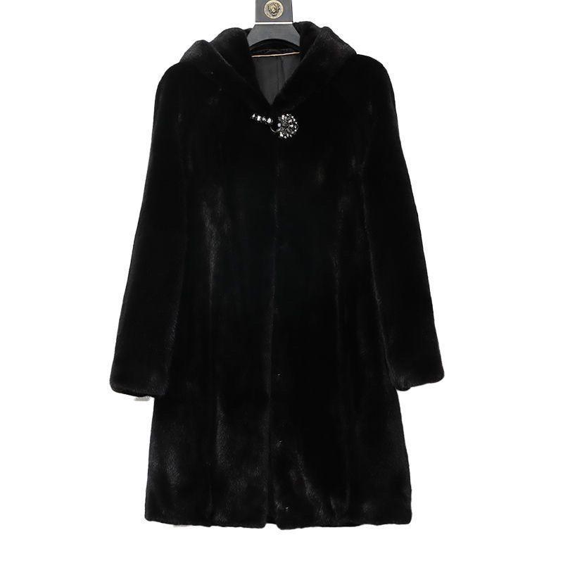 New Imitation Whole Mink Fur Women's Long Imitation Mink Fur Coat Women's Velvet Coat with Hat