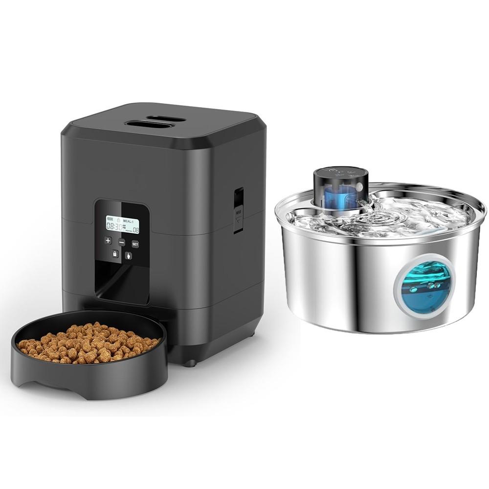 Stainless Steel Induction Pets Water Fountain Smart Pet Food Dispenser Tuya WIFI Rechargeable Automatic Feeder