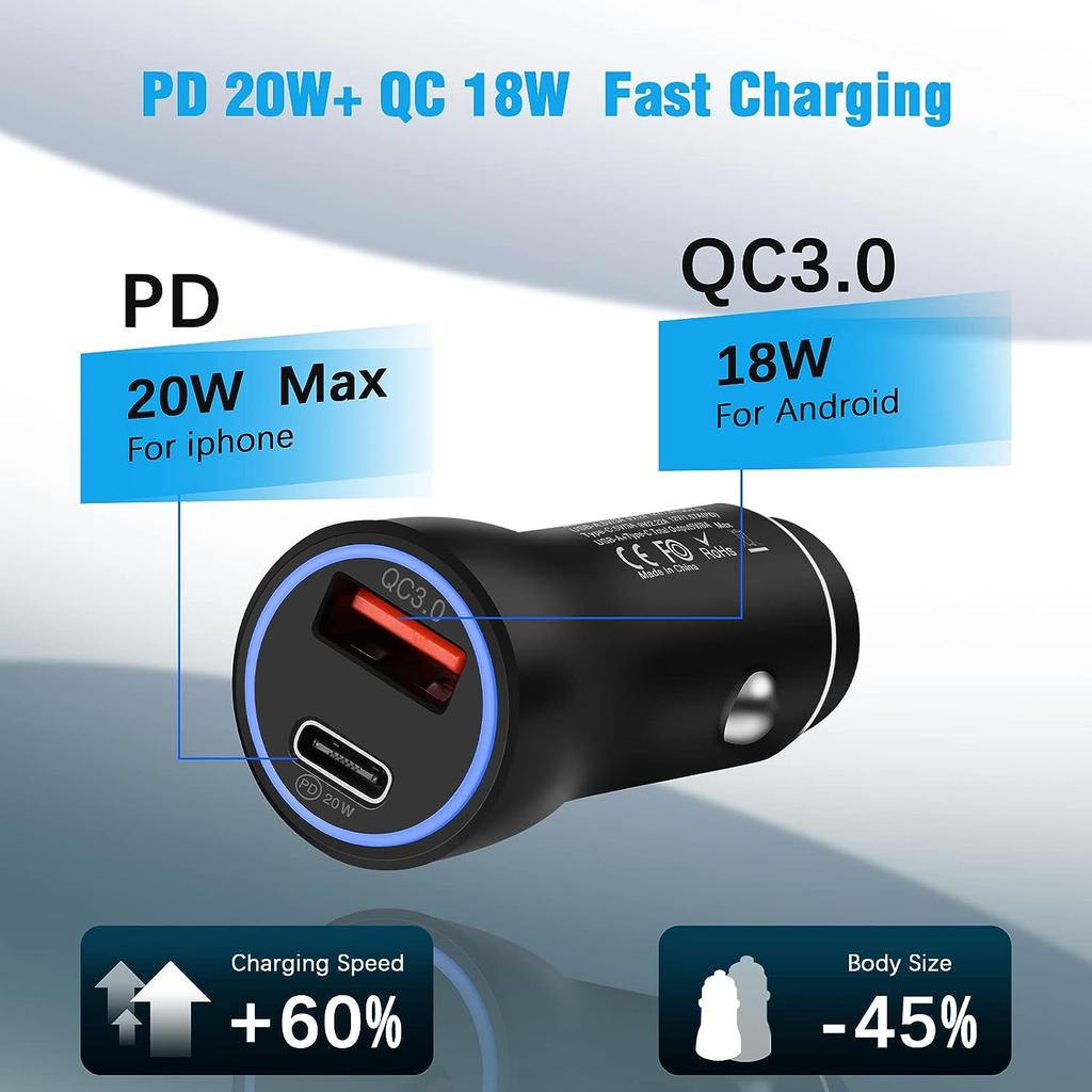 USB Cigarette Lighter Car Charger PD&QC Charger for IPhone PD 30W Quick Charge QC 18W Fast Charger  Mini Car Charger with IPhone Samsung Galaxy