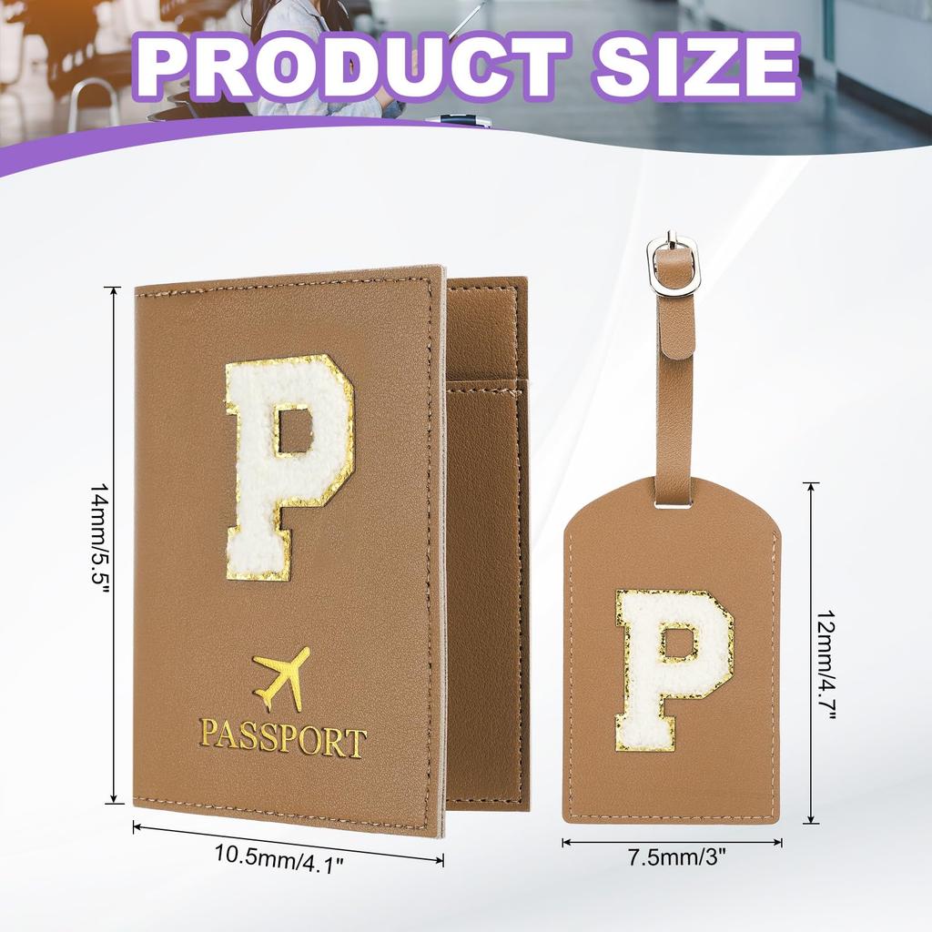 Travel Passport Luggage Tag Set with Initial Passport Cover and Alphabet Chenille Letter Travel Wallet Bag Suitcase Identifier for Women and Family