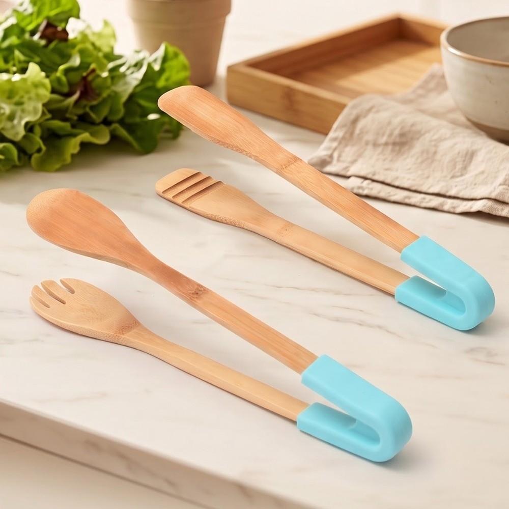 Bamboo Food Tongs Silicone Connector Bread Clip New Kitchen Serving Tong Salad Preparation
