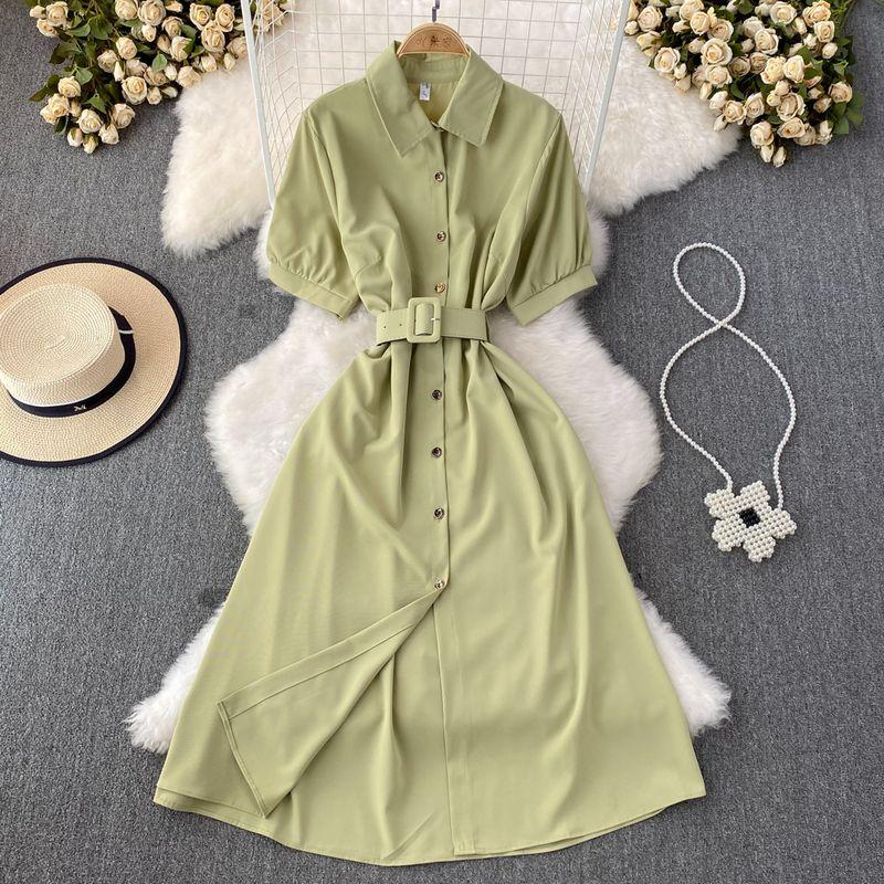 

Summer Vintage Single-Breasted A- line Dress Short Sleeve Light green One size