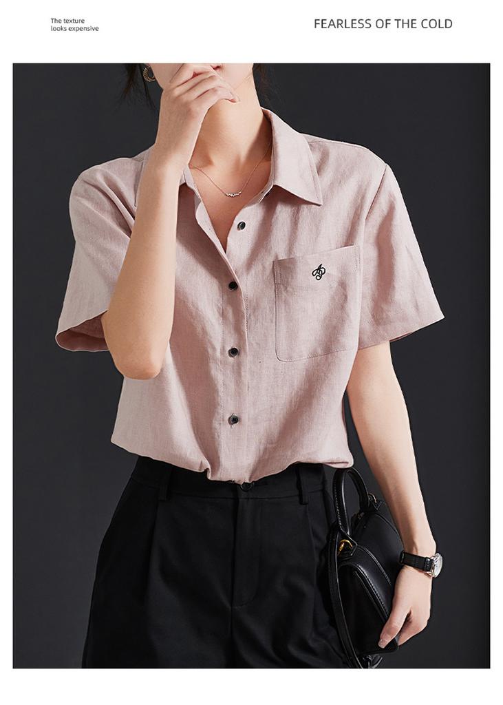 Embroidered collar short sleeved linen shirt for women, 2026 summer commuting versatile shirt, small shirt