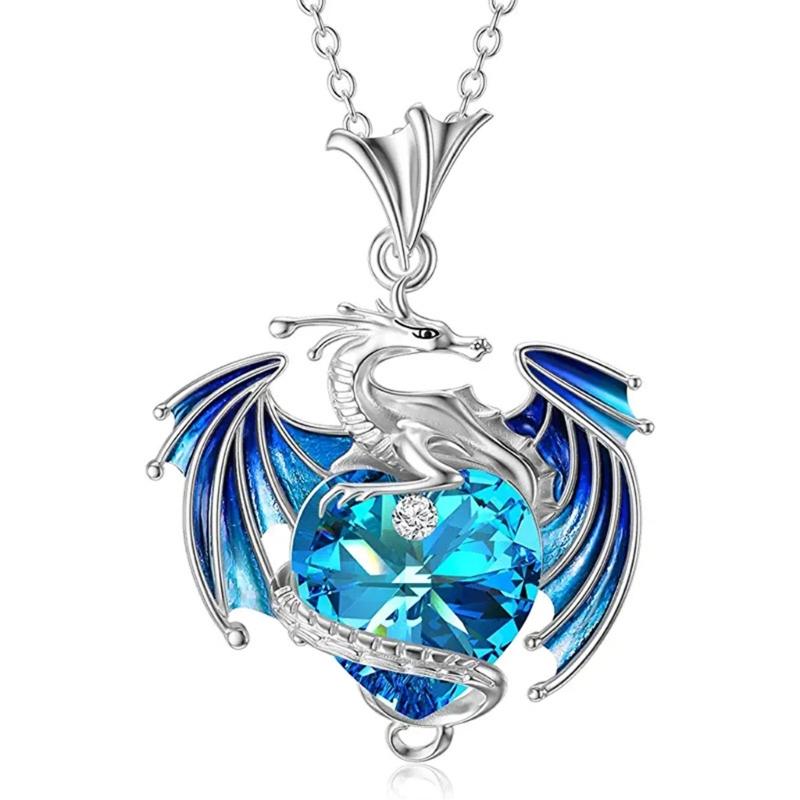 Heart Charm Clavicle Chain Fantasy Crystal Flying Dragon Necklace Jewelry