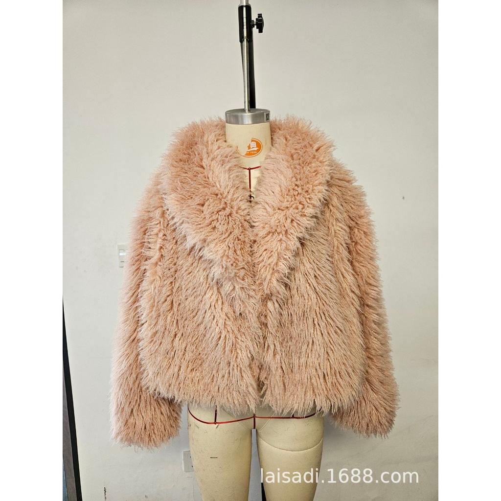 Women's Turn Down Collar Long Sleeve Faux Fur Coat Loose Elegant Short Winter Outerwear