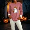 Women's -Lined Long Sleeve Crewneck T-Shirt with Halloween Print for Winter Casual Wear