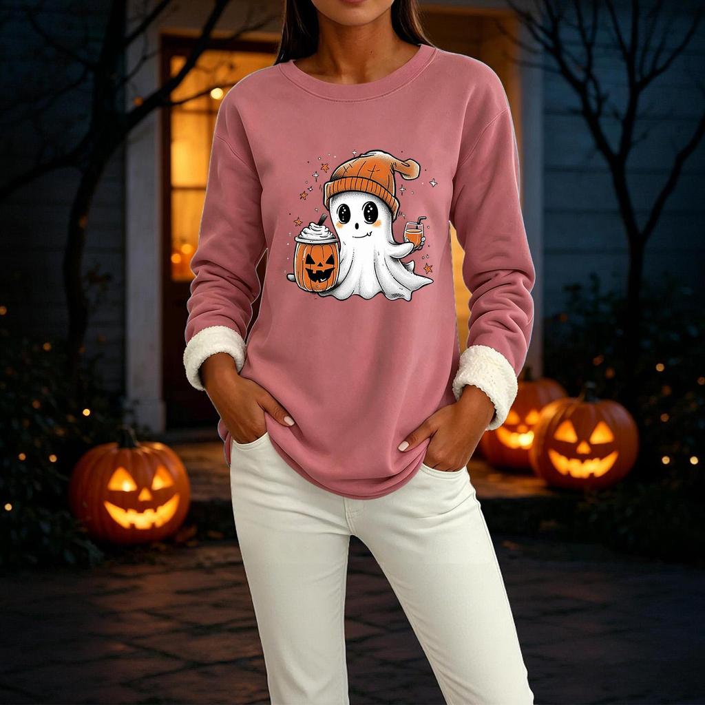 Women's -Lined Long Sleeve Crewneck T-Shirt with Halloween Print for Winter Casual Wear