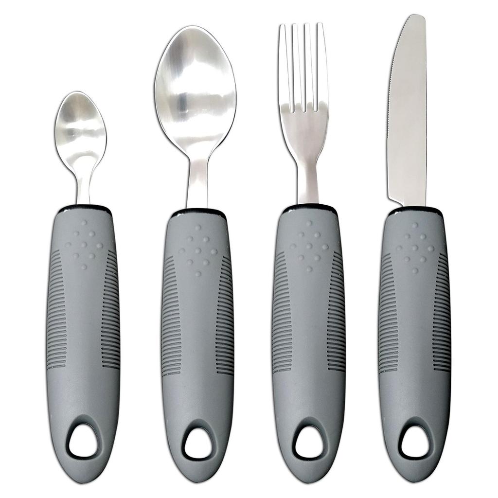 Adaptive Stainless Steel Anti-Tremor Tableware Set: Ergonomic Knife, Fork, Spoon with Rubber and Plastic Handles for Elderly Assistance