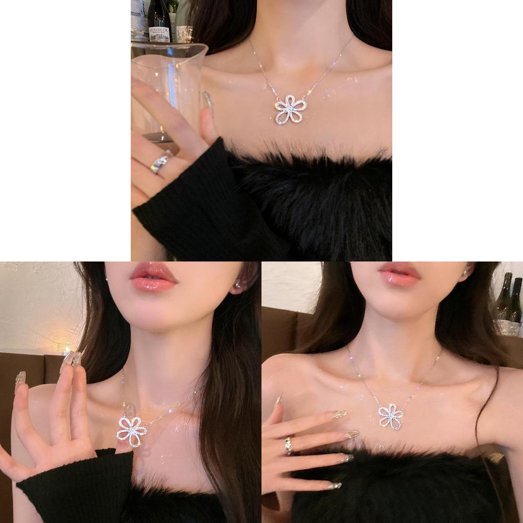 Copper Zircon Flower Pendant Necklace For Women With Sparkling Stone Embellishments