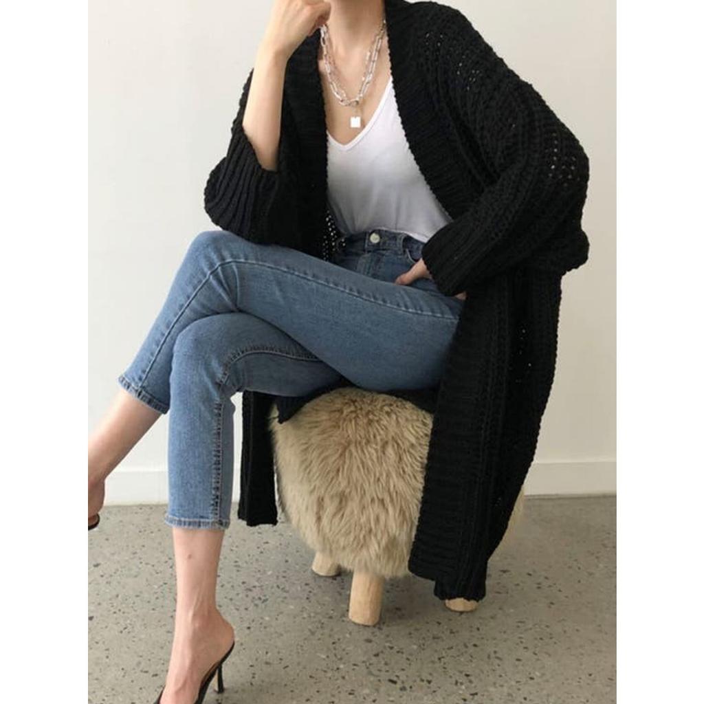 Women's Solid Color Long Open Knit Cardigan, Fashion Vacation Sweater Coat for Autumn Winter