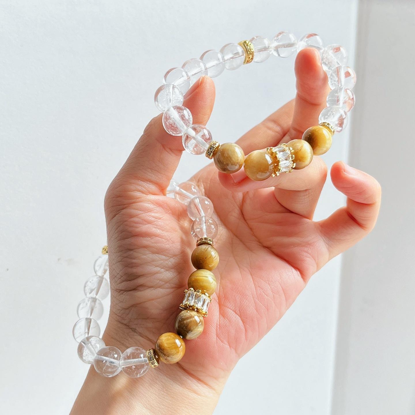 10Mm Natural White Crystal Tiger S Eye Design Bracelet Bracelet