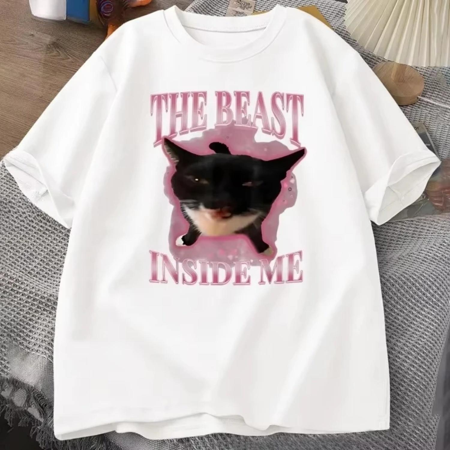 

Women s The Beast Inside Me Print Cute Silly Cat Funny Humor Aesthetic Short Sleeve Round Neck Casual Daily Fashion Basic Tee S чёрный
