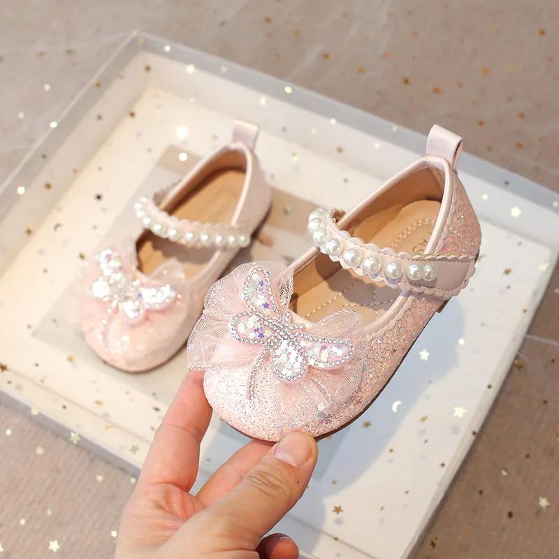 

Туфли Мэри Джейн для девочек, хрустальные балетки для свадебной вечеринки, детские туфли с пайетками и бантом-бабочкой из кружева, милые детские блестящие туфли принцессы 21 розовый