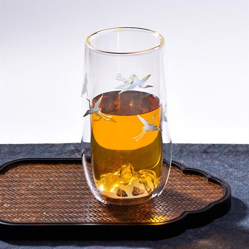 Double-Layer Glass Kung Fu Tea Master Cup with Crane Design