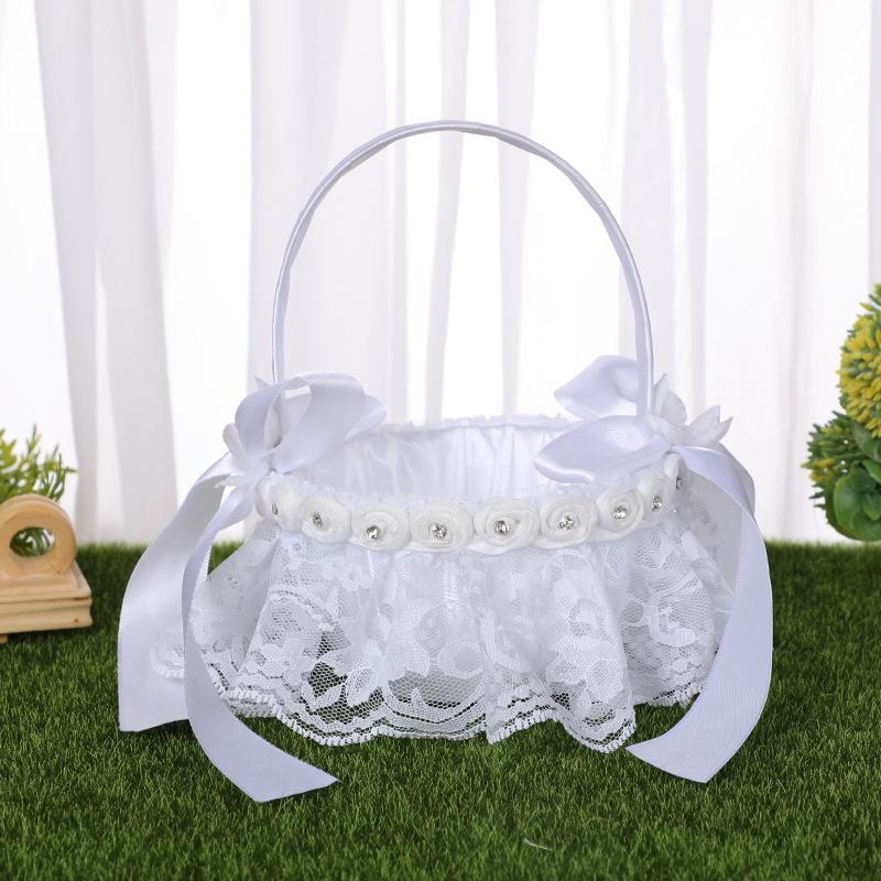 White Flower Girls Basket Pearl Lace Simple Wedding Basket for Flower Bride/kids Hand Held Wedding Ceremony Party Decorations