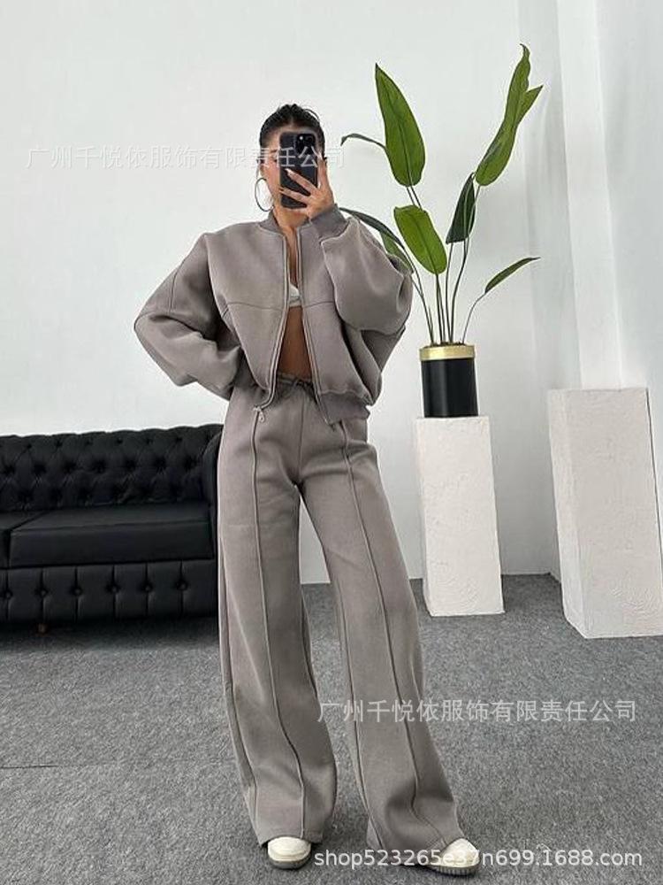2024 Spring and Autumn Sweater Two-piece Women's Clothing European and American Cross-border Trend Fashion Casual Zipper Cardigan Trousers