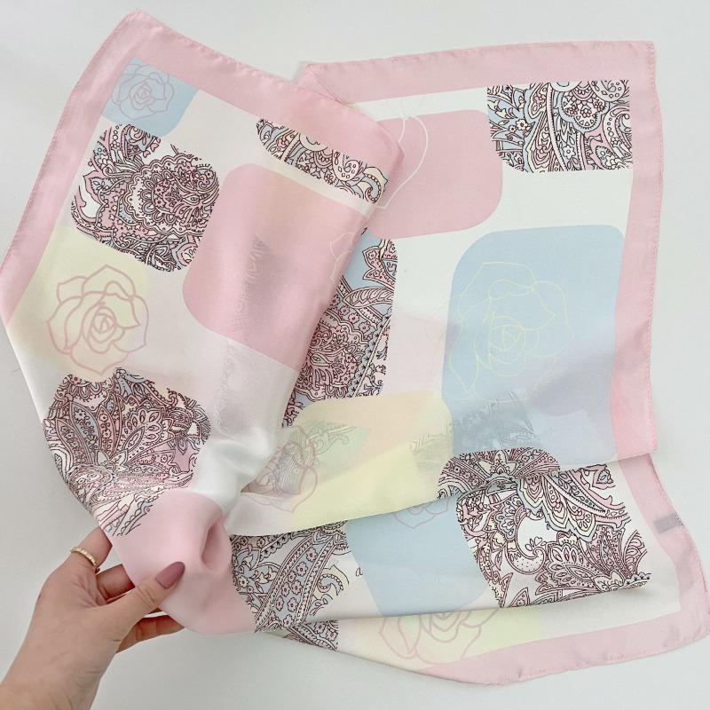 68cm Women Silk Scarf with Cashew Flower Rose Pattern Simulated Silk Fresh Elegant Versatile Square Fashion Decorative Accessory