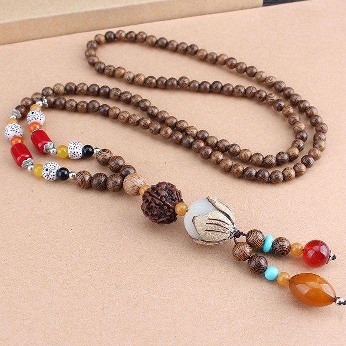 Unisex Retro Ethnic Wooden Necklace Pendant - Versatile Long Sweater Chain and Clothing Accessory