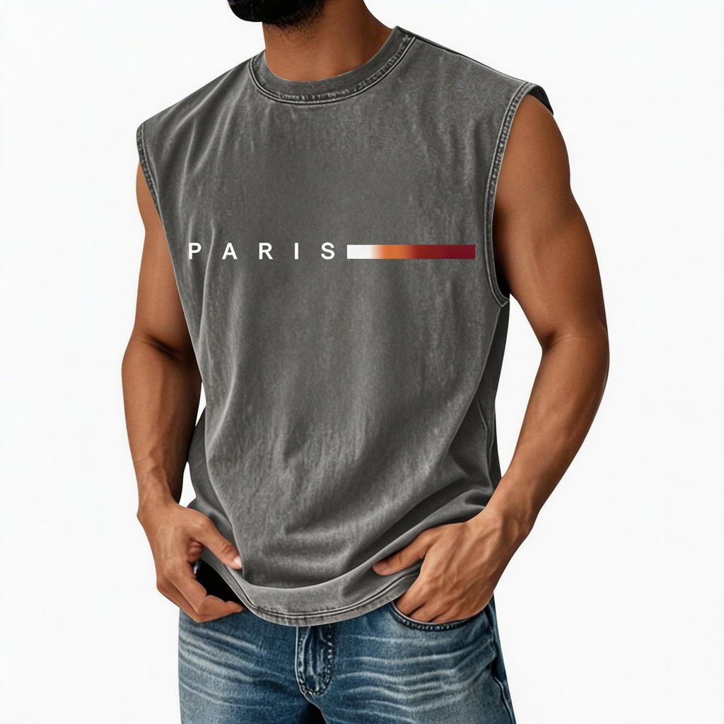 Men's Loose And Casual Trend Letter Print T-shirt - Men's Washed And Distressed Breathable Sports Sleeveless Top