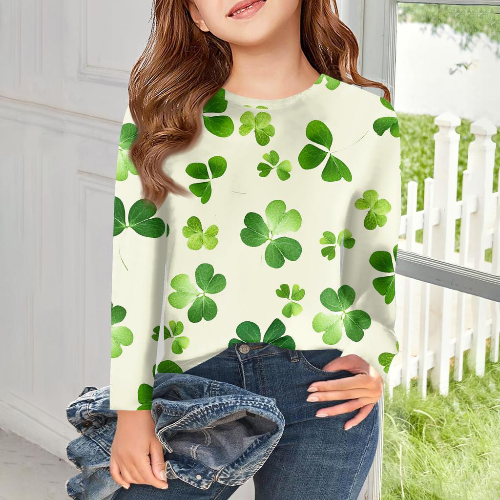 Girls Long Sleeve T Shirts Kids Fall Tops Crewneck Printed Basic Tees Saint Patrick's Day