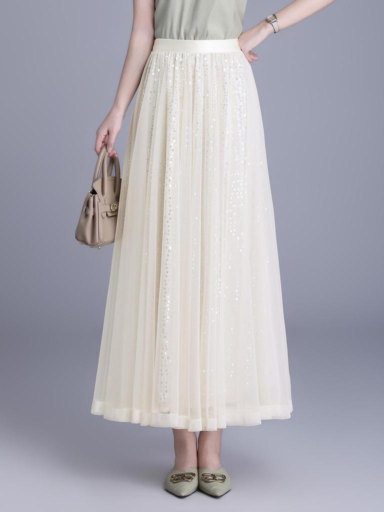Spring 2026 Sequin Mesh A-line Midi Skirt - Slimming, Drapey, Fashionable, Casual Wear