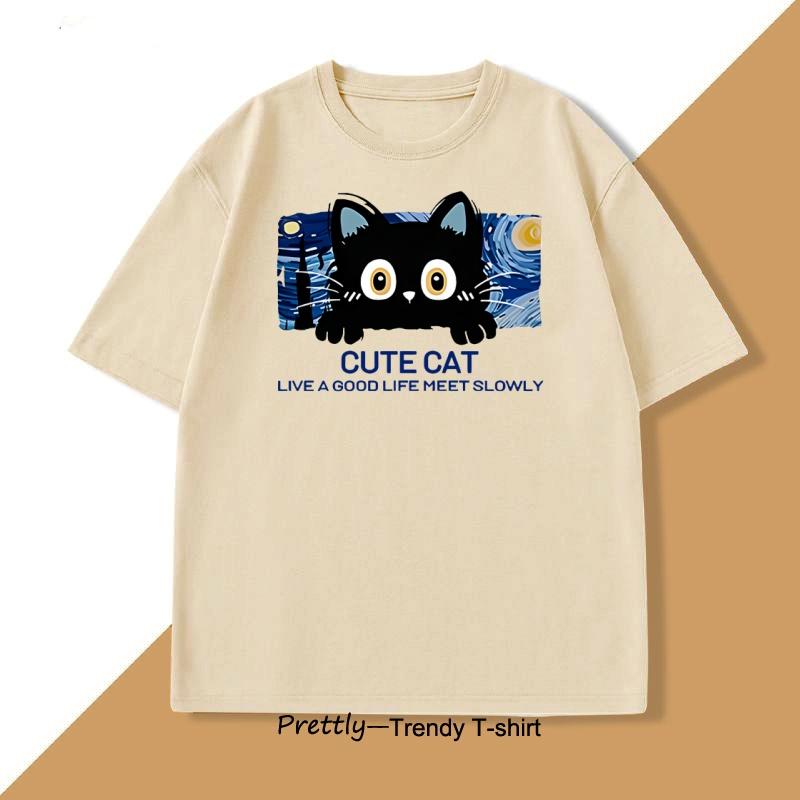 Cute Cat T Shirt Casual Cotton Short Sleeve Round Neck Tshirt Men Women Loose O Neck Male Tee Shirt Oversized Tee Shirt Street