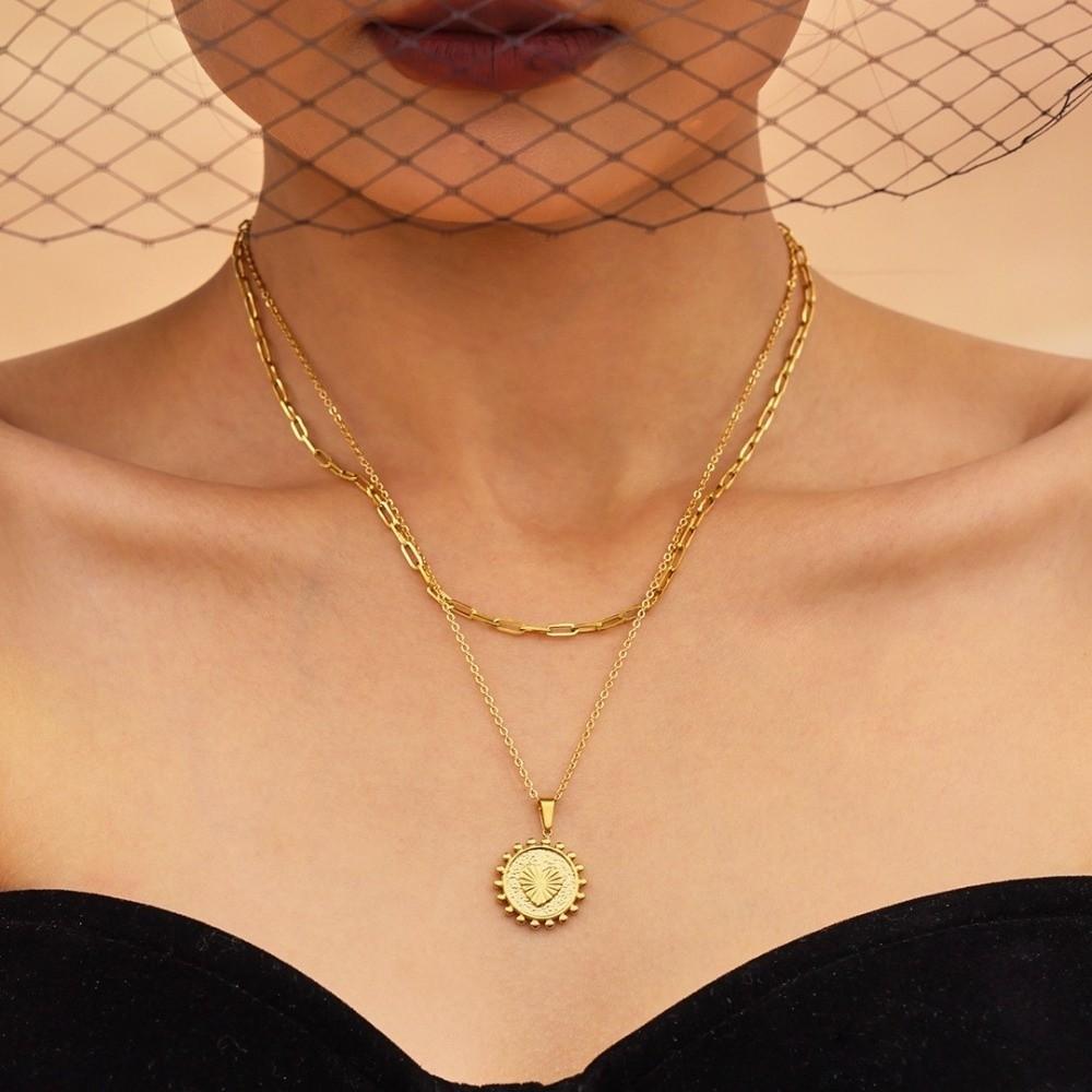 Stainless Steel Sun Heart Pendant Necklace Gold Plated Ladies Choker Jewelry  Wedding