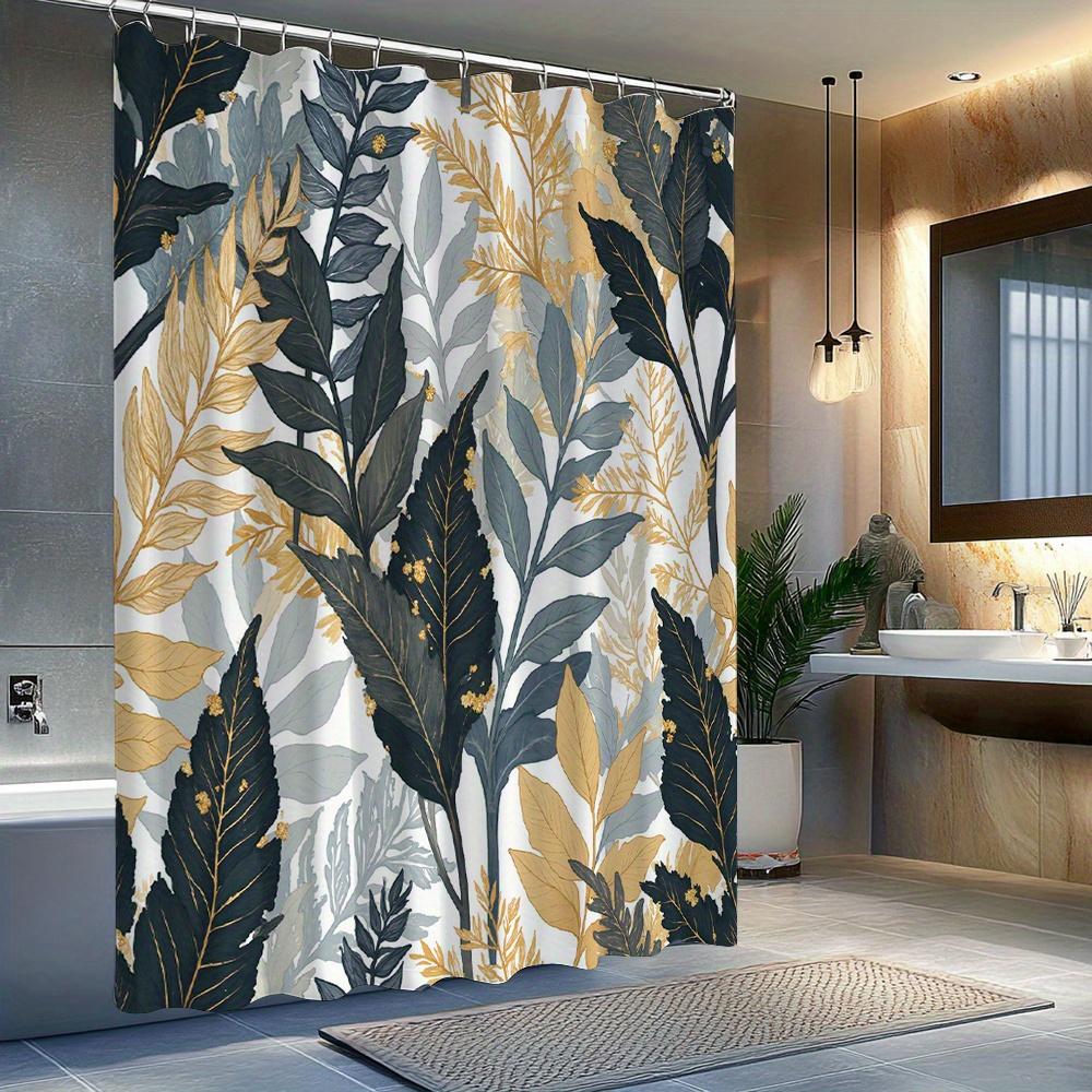 1pc Dark Green Shower Curtain with Gold Leaf Pattern, Made of Polyester Fabric, Machine Washable, Suitable for Bathroom Décor.
