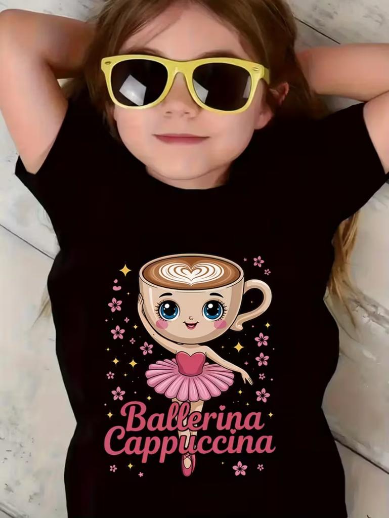 2026 New Style Ballet Dancer Cappuccino Girl Print Summer Fashion Short Sleeve Cute Children's Short T-Shirt